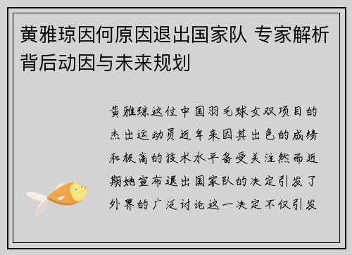 黄雅琼因何原因退出国家队 专家解析背后动因与未来规划