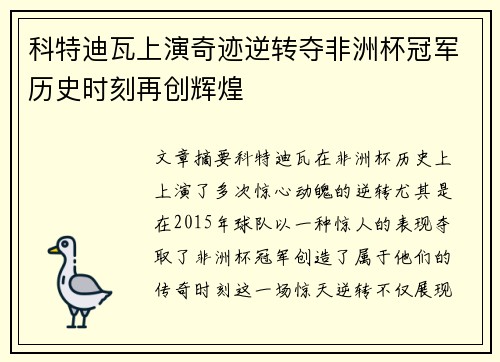 科特迪瓦上演奇迹逆转夺非洲杯冠军历史时刻再创辉煌